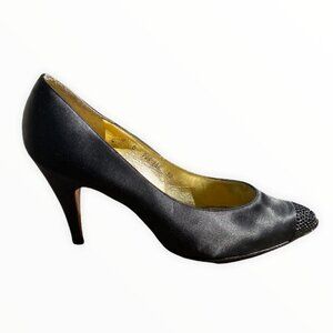 Vintage Amano Black Pumps Size 8 Pumps Beaded‎ 3" Height Cap Toe High Heel Shoes